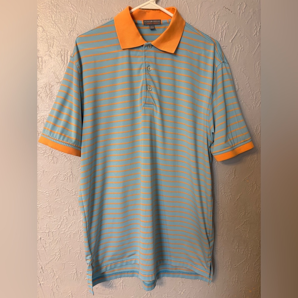 ⛳️ Peter Millar Men’s Orange & Light Blue Summer Comfort Stripped Golf Polo - M